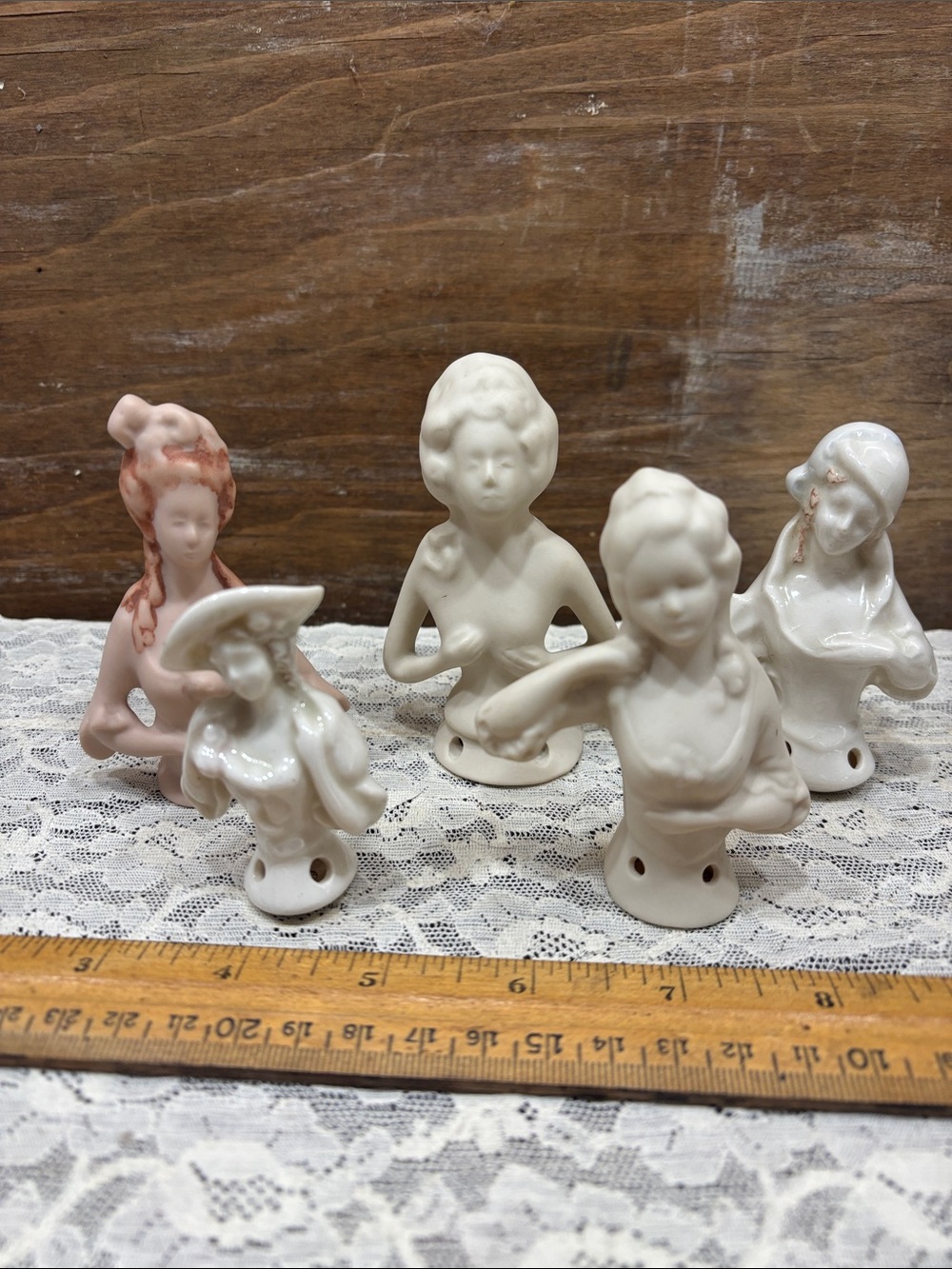 Porcelain Half-Doll Figurine Set - White and Pink Vintage Pincushion  Busts